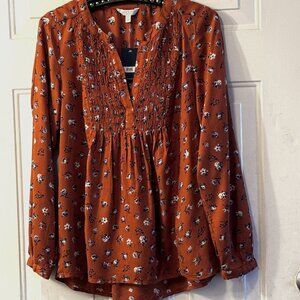 NWT Lucky Brand Sz XS Blouse Tunic Long Sleeve Brown/White/Black Floral